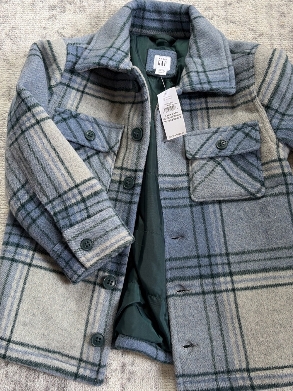 GAP Blue and Green Plaid Kids Coat